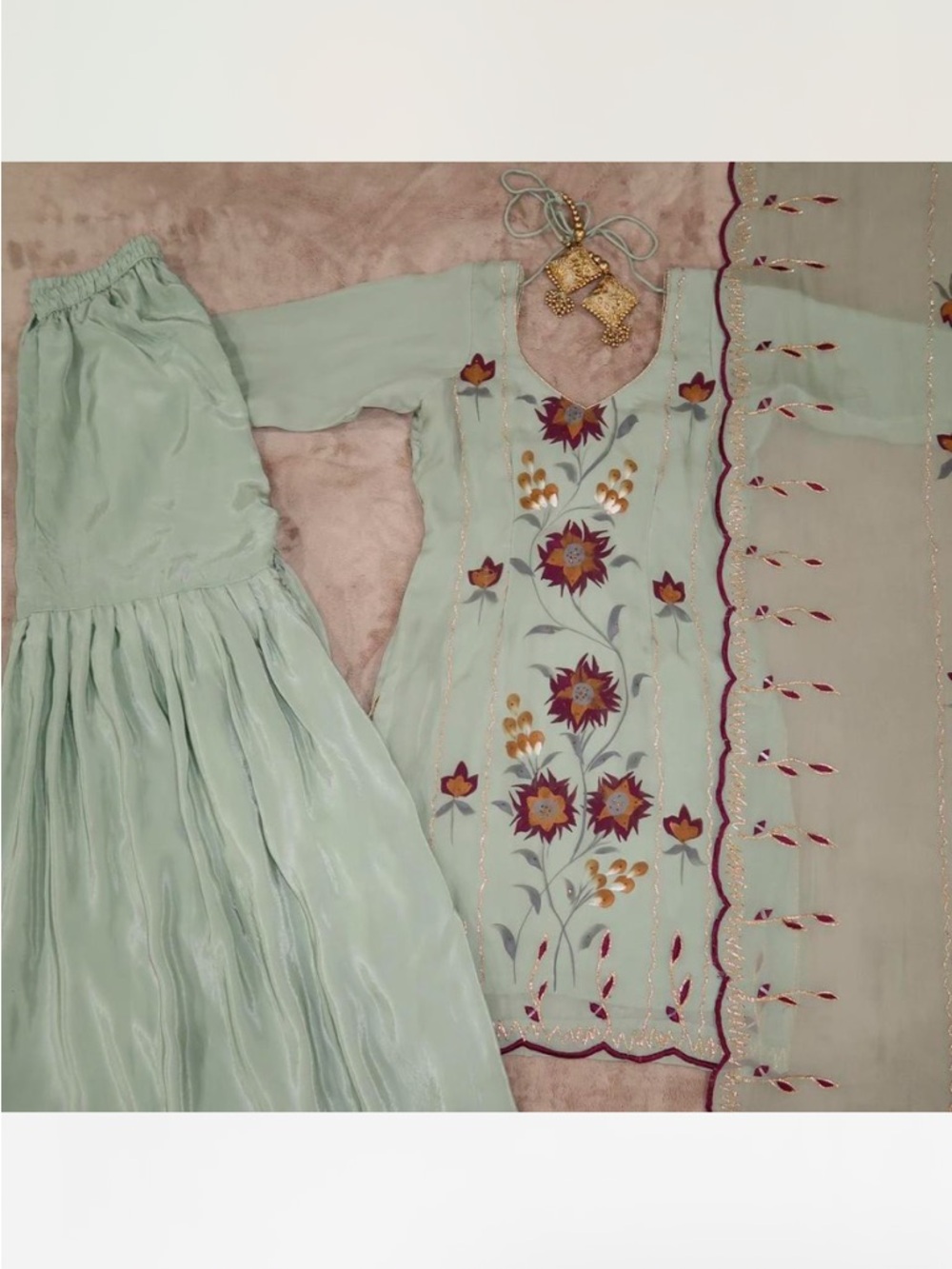 Mint/Light Blue Sharara Suit with Purple and Gold